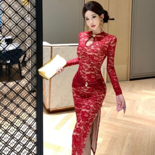 设计感小众新中式复古气质绝美性感开叉长袖改良旗袍礼服连衣裙女