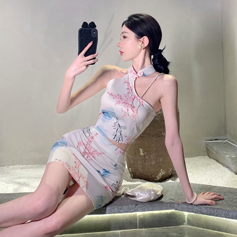 显高直播旗袍两件套性感包臀短裙
