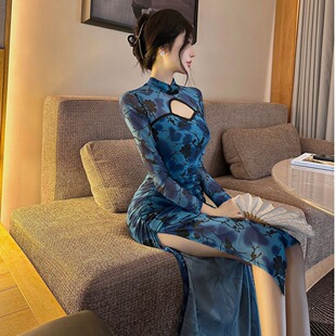 复古新中式改良旗袍连衣裙修身包臀开叉技师服中国舞演出舞蹈裙子