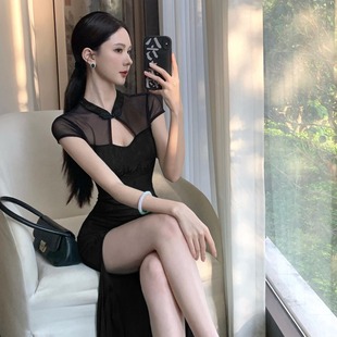 复古气质性感镂空修身包臀开叉中长款旗袍连衣裙柔式女技师工作服