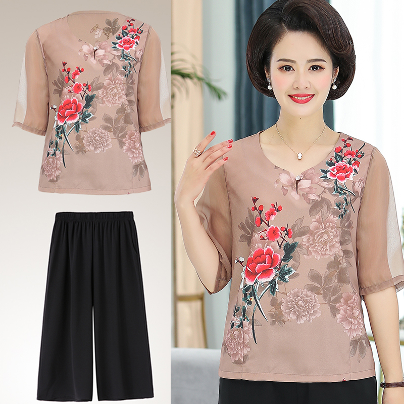 妈妈雪纺衫2020夏季中年女装夏装短袖t恤上衣服中老年洋气两件套