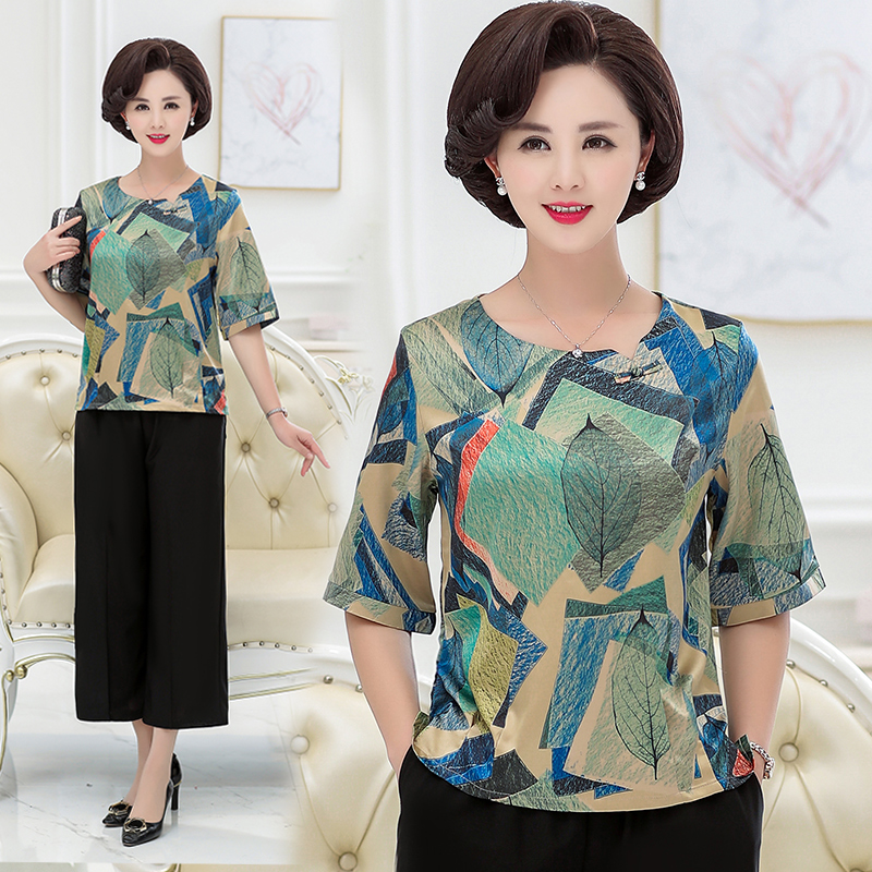 妈妈夏装时尚洋气两件套气质小衫阔太太半袖上衣套装中老年女装