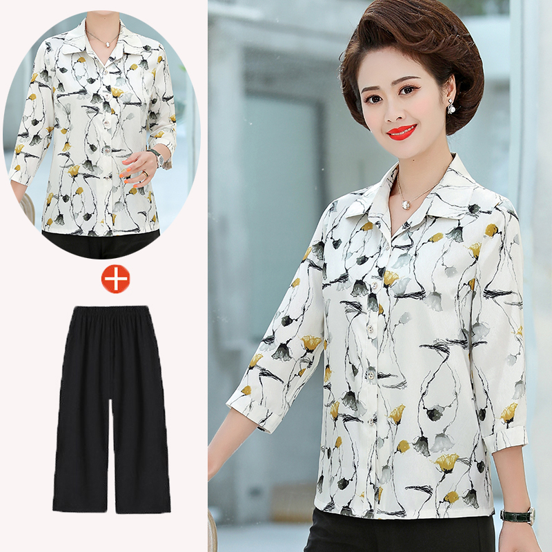 2020新款中年女碎花妈妈春夏装衬衫上衣七分袖中老年女装花色衬衣