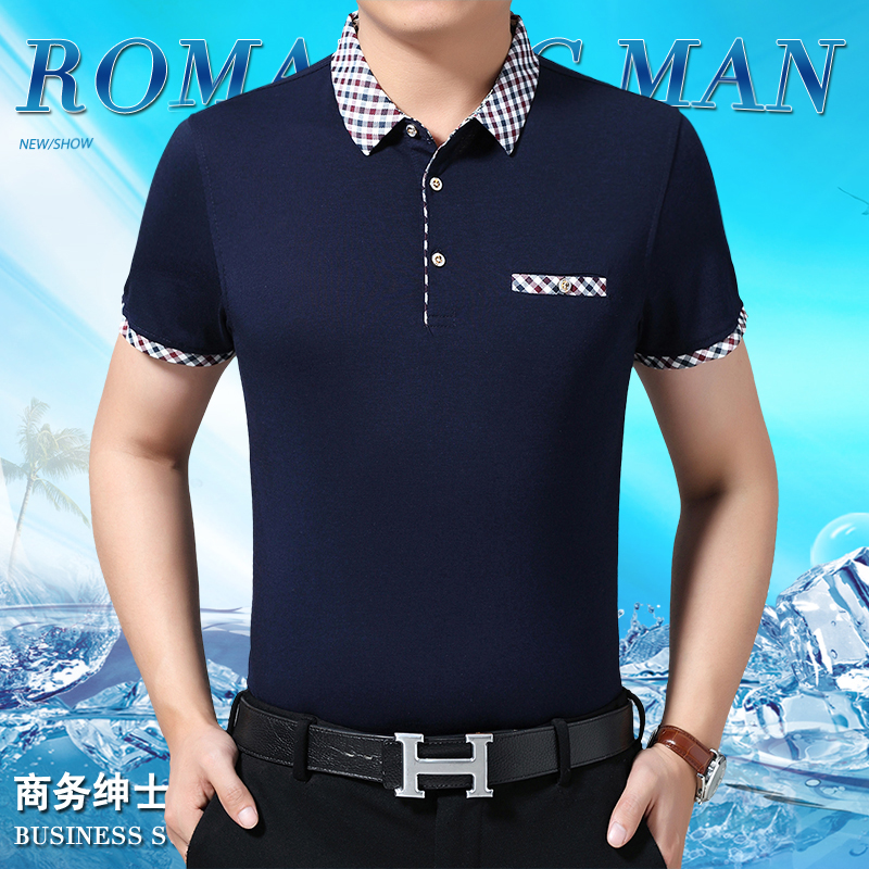 爸爸装短袖T恤中老年人条纹夏天体恤薄款爷爷中年男装夏装POLO衫