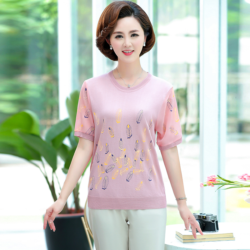 2020新款中老年女装短袖针织上衣中年妈妈夏装套装时尚休闲气质
