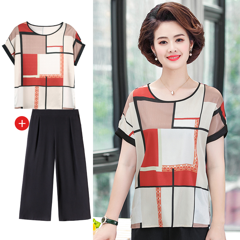 妈妈短袖雪纺衫上衣洋气中老年人女装夏装中年短袖T恤套装40岁50