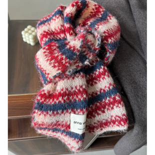 MIXMISS【气质&色谱】韩国客订版拼色毛茸条纹针织围巾冬保暖围脖