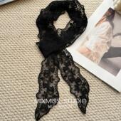 法式 MIXMISS 黑天鹅 森系蕾丝飘带丝巾发带唯美黑色蕾丝刺绣长