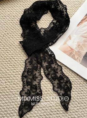 MIXMISS【黑天鹅】法式森系蕾丝飘带丝巾发带唯美黑色蕾丝刺绣长