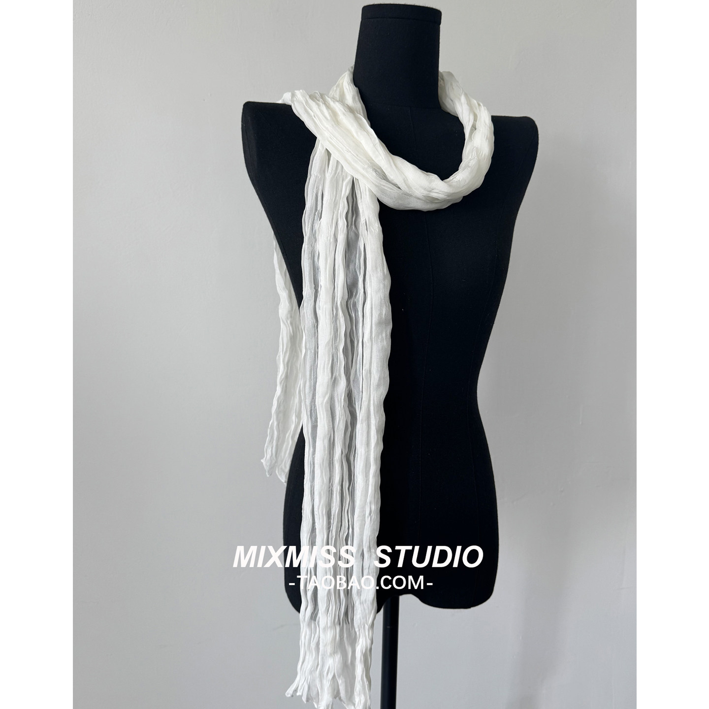 MIXMISS【首尔ins白】韩版褶皱细长丝巾夏季纯色氛围穿搭神器多色