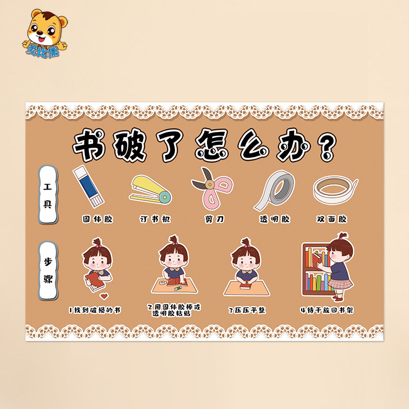 幼儿园语言图书阅读区墙面环创布置装饰图书破了怎么办修补步骤图