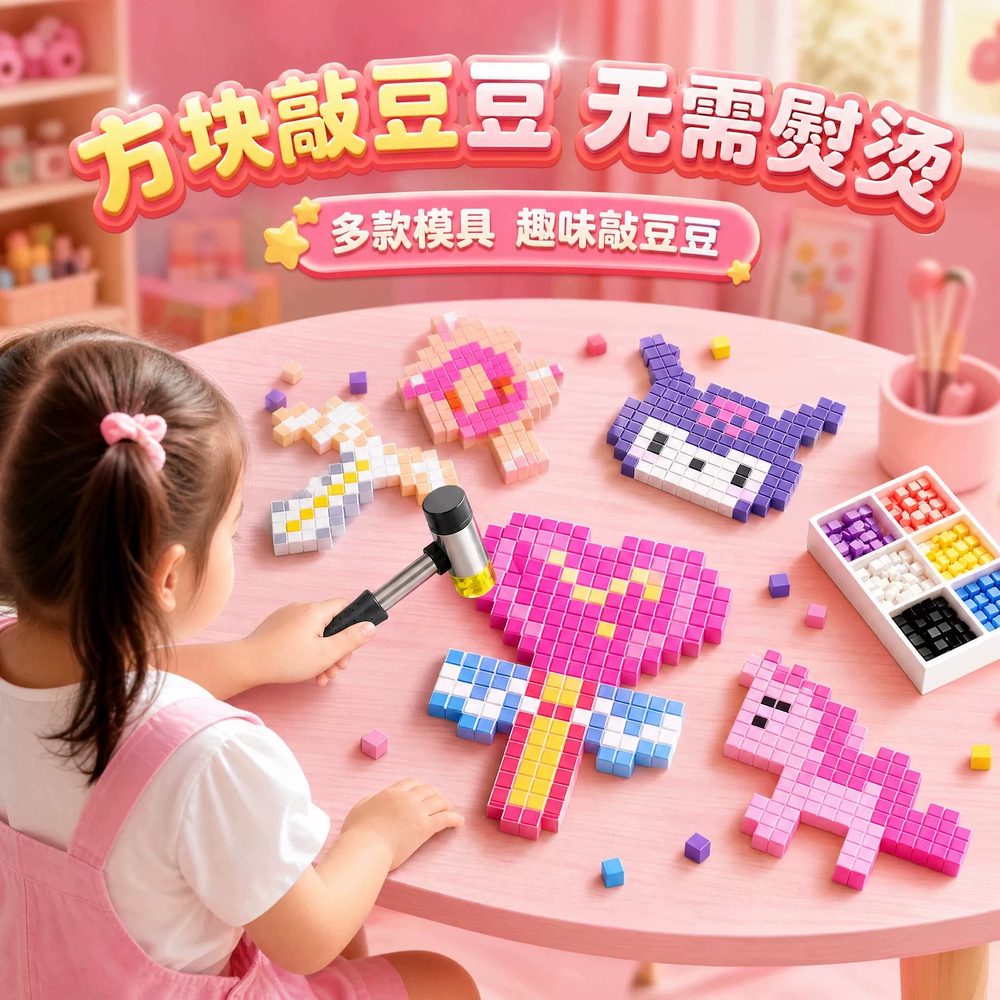 夜光敲豆豆方块拼豆益智立体拼图玩具女孩儿童像素模具敲敲乐礼物