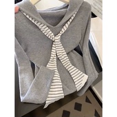 海军领披肩长袖 t恤女秋冬学院风韩系减龄小众V领正肩显瘦外穿上衣