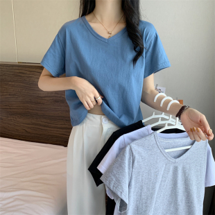 上衣女早春小众设计感短款 高腰纯色V领短袖 V领女上衣 新款 2025夏季