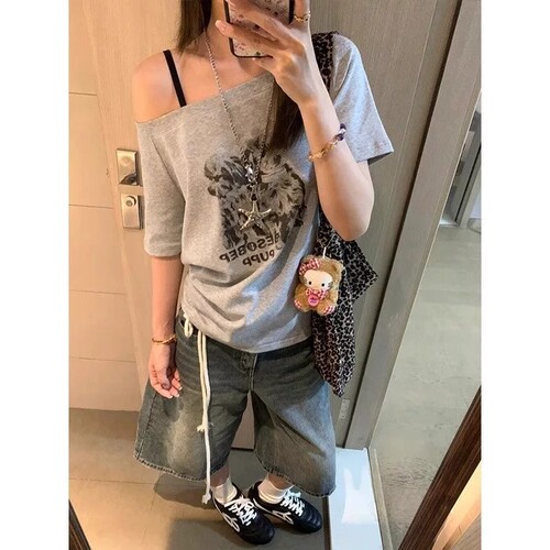 chic复古斜肩短袖t恤女