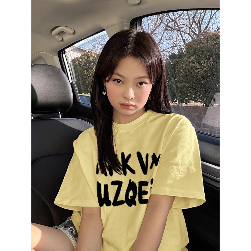 奶黄色ins纯棉圆领短袖正肩T恤女