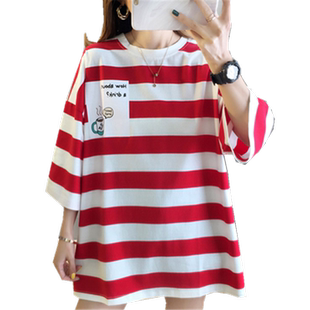 韩版ulzzang网红百搭宽松红色条纹中长款圆领短袖T恤女打底衫内搭