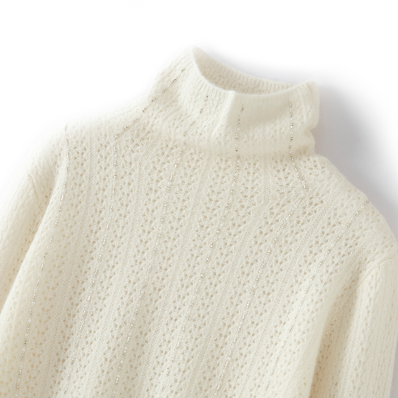 长袖带钻堆领山羊绒镂空