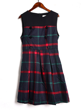 2026年春秋季新品女装韩版时尚圆领套头无袖收腰格子背心连衣裙潮