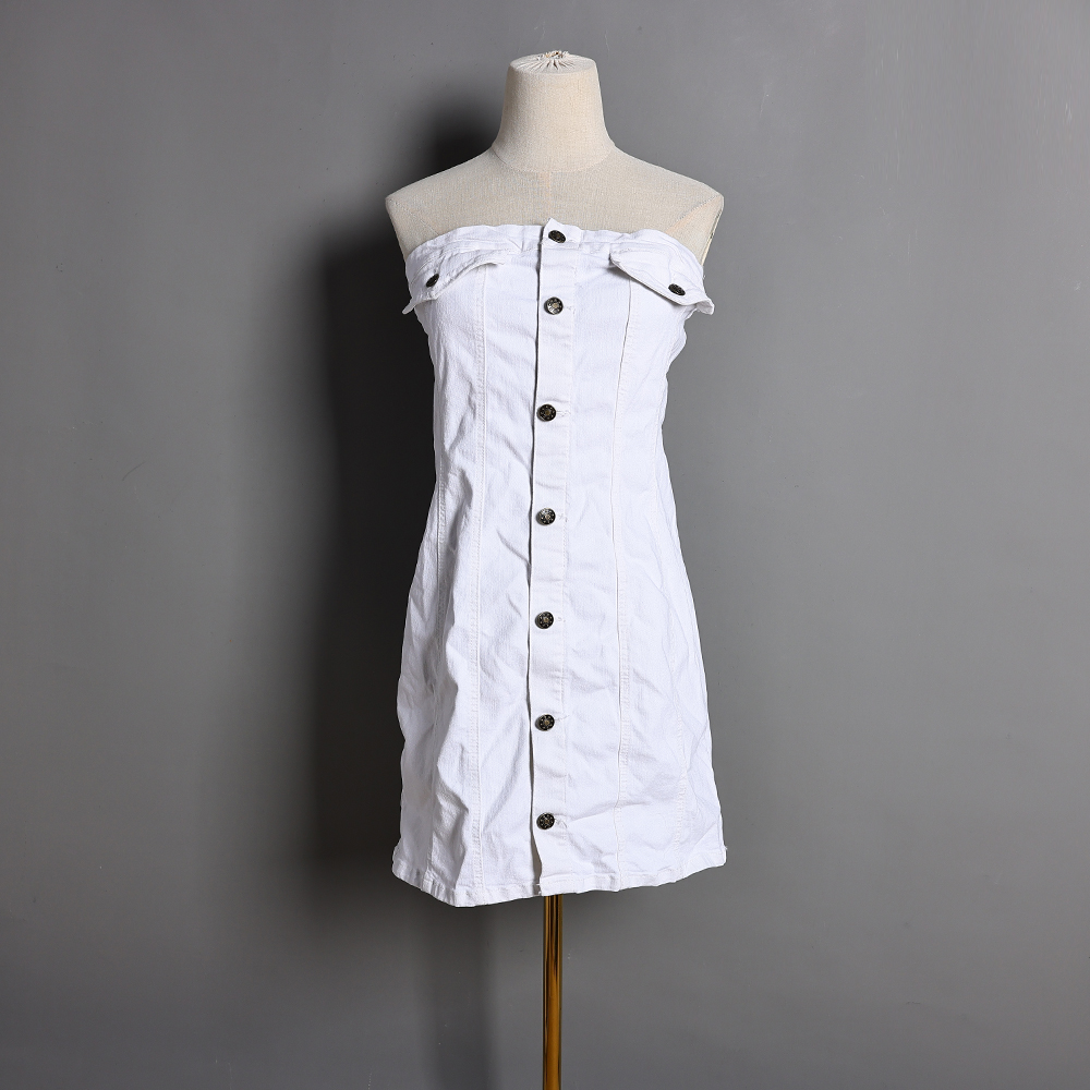 夏季新品女装性感露肩抹胸收腰显瘦中长款连衣裙简约纯色裙子