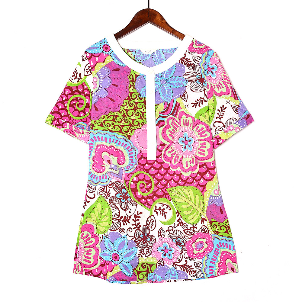 2025年夏季新品中年妈妈圆领时尚洋气印花套头单排扣上衣短袖衬衫