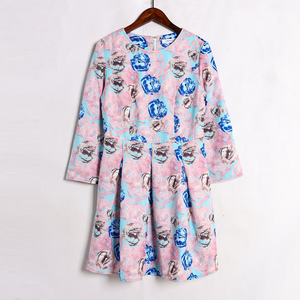 春秋季新品女装粉色圆领套头收腰显瘦印花长袖气质连衣裙百搭通勤