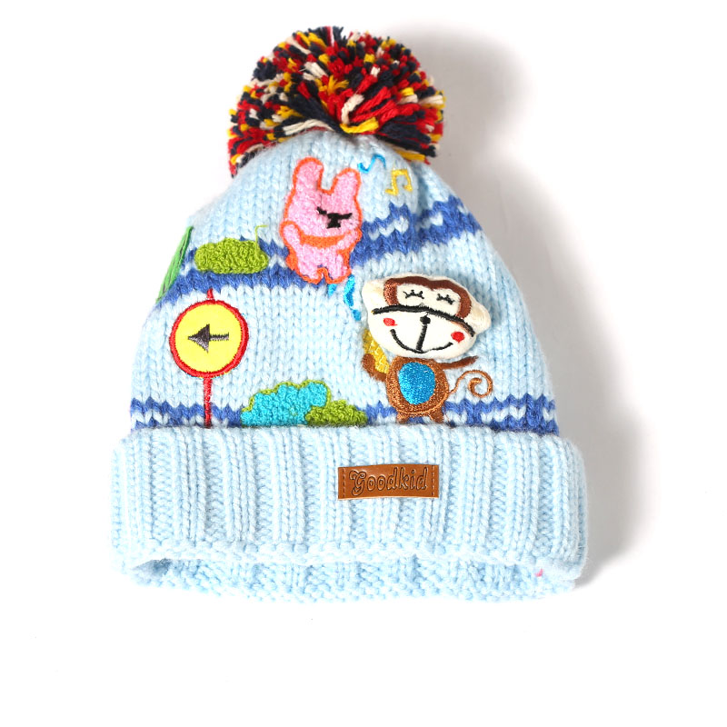 儿童可爱卡通加绒保暖帽子针织时尚带毛球卡通宝宝加绒小帽子