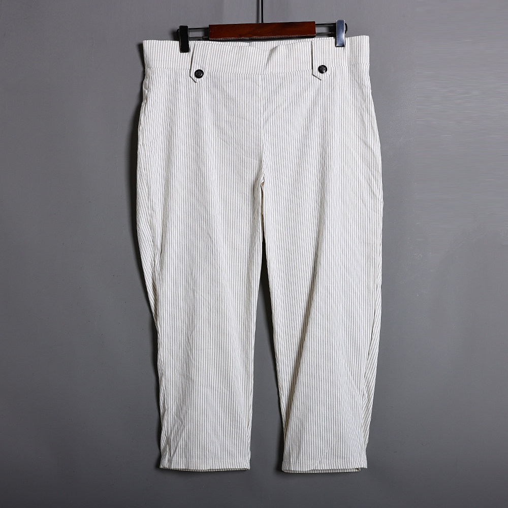 2025年夏季新品小清新紧身显瘦弹力休闲运动米白色条纹七分裤中裤