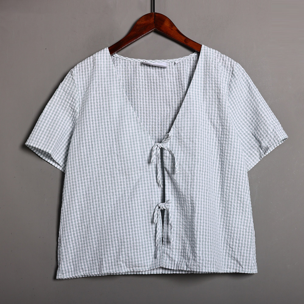 2025年夏季新品女装甜美可爱V领格子薄款短袖衬衫罩衣坎肩潮