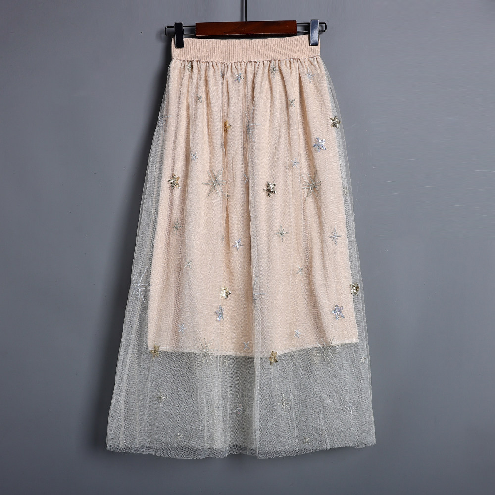 刺绣拼接网纱半身裙2025年夏季新品韩版时尚高腰显瘦伞裙A字裙