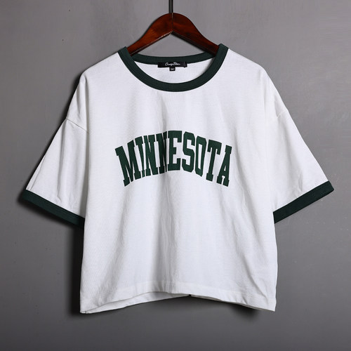 时尚字母印花撞色领口拼接圆领套头宽松显瘦短款休闲运动上衣潮