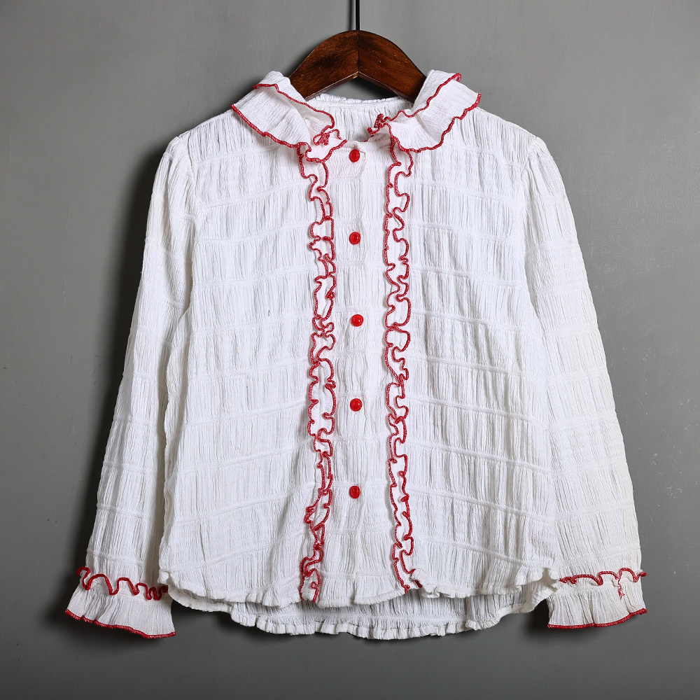 2025年春秋季甜美可爱女童荷叶边长袖衬衫韩版拼接设计衬衣上衣潮