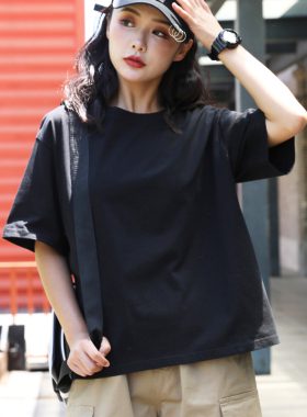 黑色t恤女夏宽松纯棉短袖2026新款大码打底体恤衫工装上衣中半袖