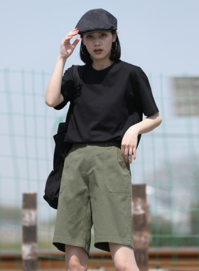 军绿色工装短裤女夏宽松五分裤女小个子休闲直筒大码中裤运动外穿