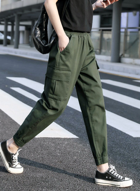 军绿色裤子女秋冬工装裤2025新款小个子束脚休闲哈伦大码女裤九分