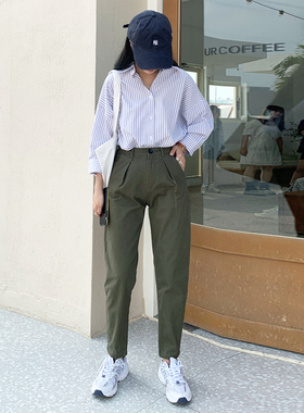 军绿色裤子女春秋工装裤小个子直筒休闲哈伦萝卜大码女裤锥形九分