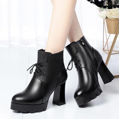 保暖加绒女士靴子超高跟婚鞋真皮圆头裸靴新款系带红色厚底防水