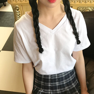 2020新款夏装白色短袖t恤女修身V领韩范学生半袖网红衣服女上衣潮