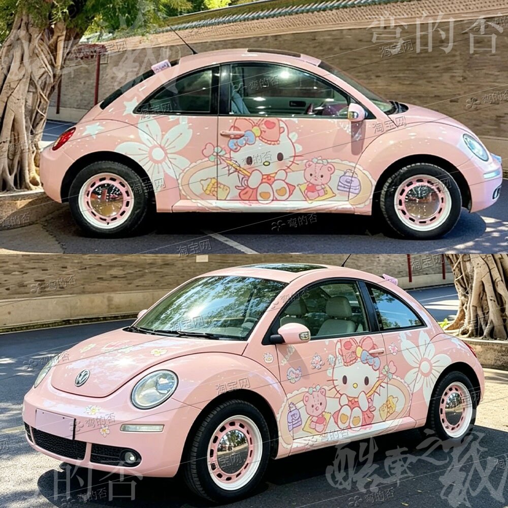 大众甲壳虫车身HELLO KITTY贴纸粉KT猫创意可爱个性定制涂装车衣