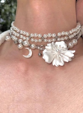 轻奢风珍珠小众高级感锁骨链 珠光花朵贝壳月亮重工珍珠叠戴项链