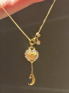 中古vintage鎏金爱心钻边月亮项链女小众精致高级感气质颈链配饰