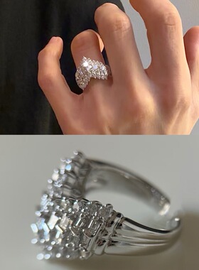 vintage中古夸张满钻爱心银色戒指轻奢小众设计高级感食指戒指环