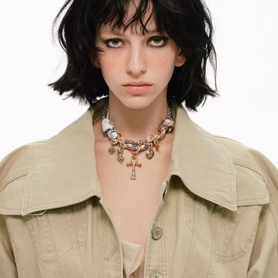 生命之石系列安卡十字架丝巾项链女欧美风暗黑复古做旧锁骨链潮
