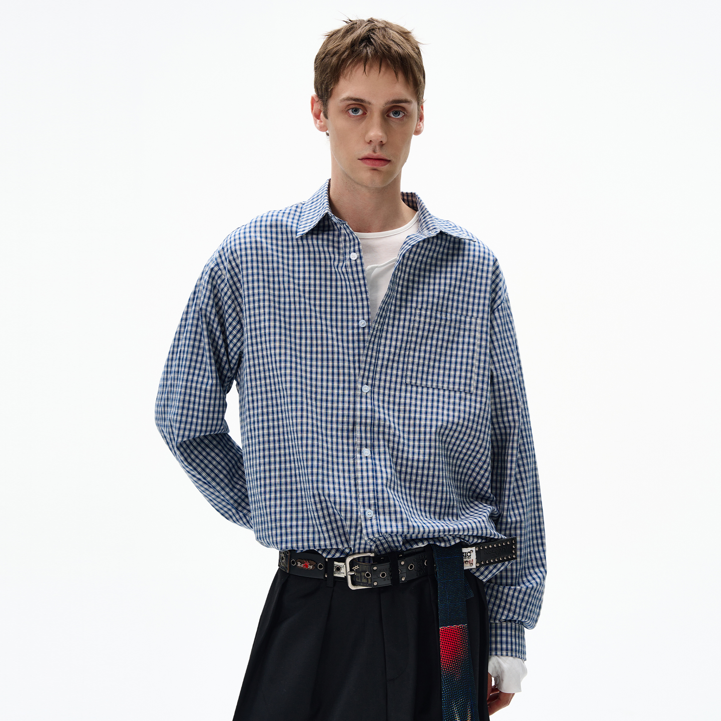 MADWITCH早秋新款美式复古经典格子衬衫男女宽松休闲通勤情侣衬衣