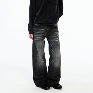 MADWITCH复古高街水洗竹节纹设计感牛仔裤 男女痞帅休闲做旧直筒裤