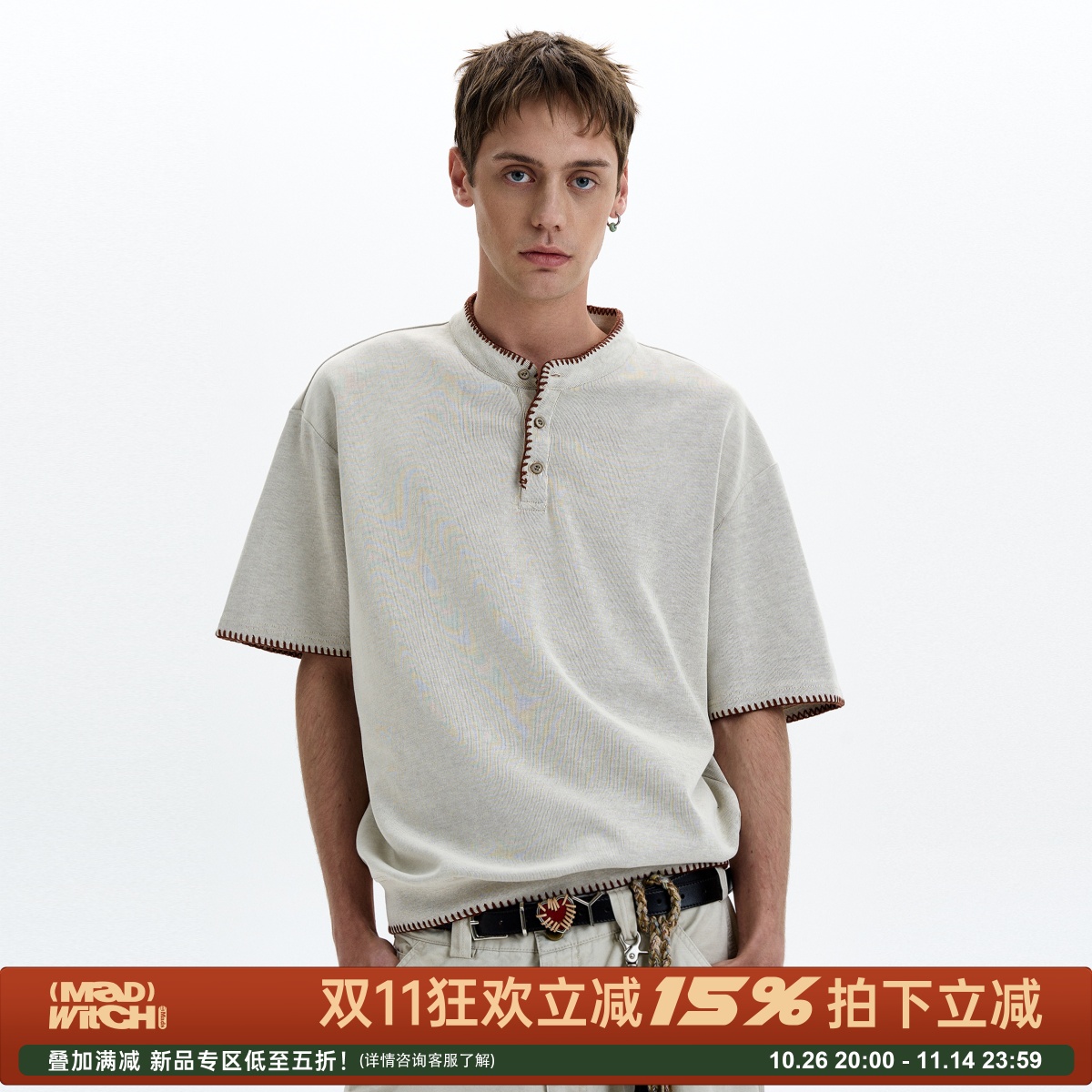 MADWITCH复古手缝线亨利领短袖