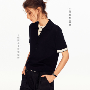 MADWITCH高级感假两件排扣针织polo衫夏季亚麻莱赛尔混纺短袖T恤