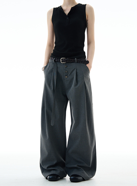 MADWITCH复古垂感条纹休闲西裤男女排扣高级设计感绑带阔腿裤子潮