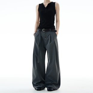 MADWITCH复古垂感条纹休闲西裤男女排扣高级设计感绑带阔腿裤子潮