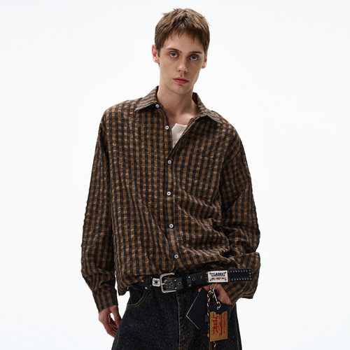 MADWITCH复古褶皱格纹泡泡纱长袖